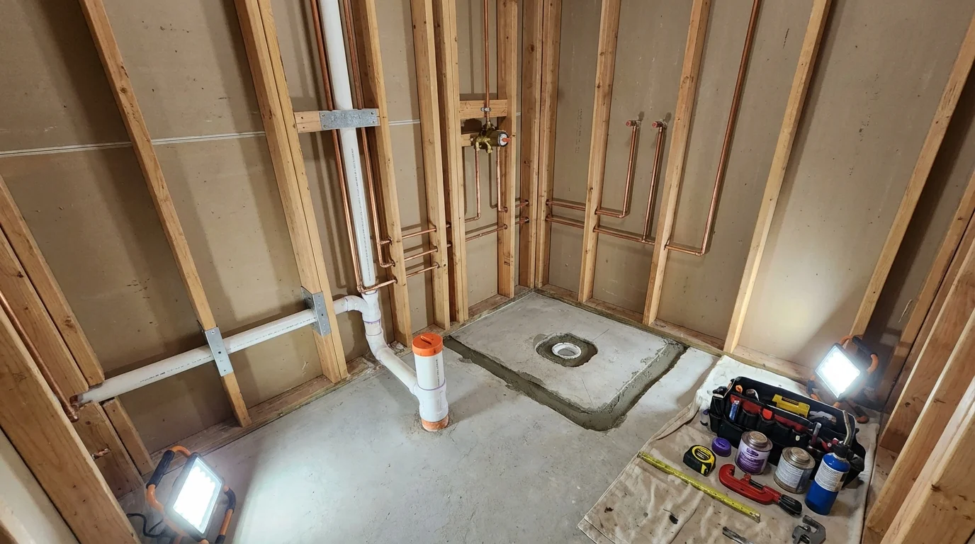 Bathroom rough-in plumbing during remodel by Johns Plumbing LLC in Yucca Valley