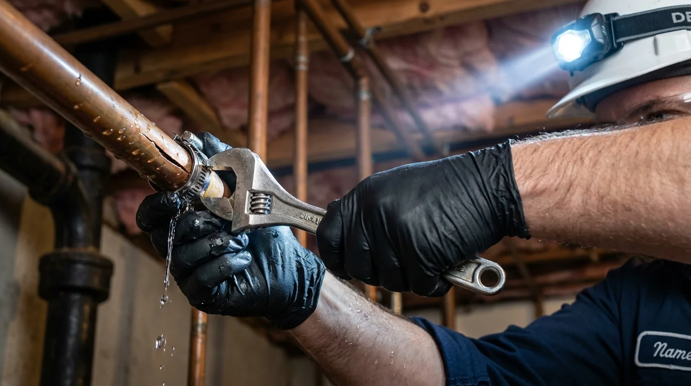 Emergency pipe clamp repair being performed by a Johns Plumbing LLC plumber in Yucca Valley