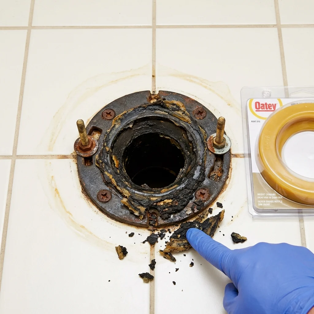 Failed wax ring showing water seepage at the base of a toilet in a Yucca Valley, CA home