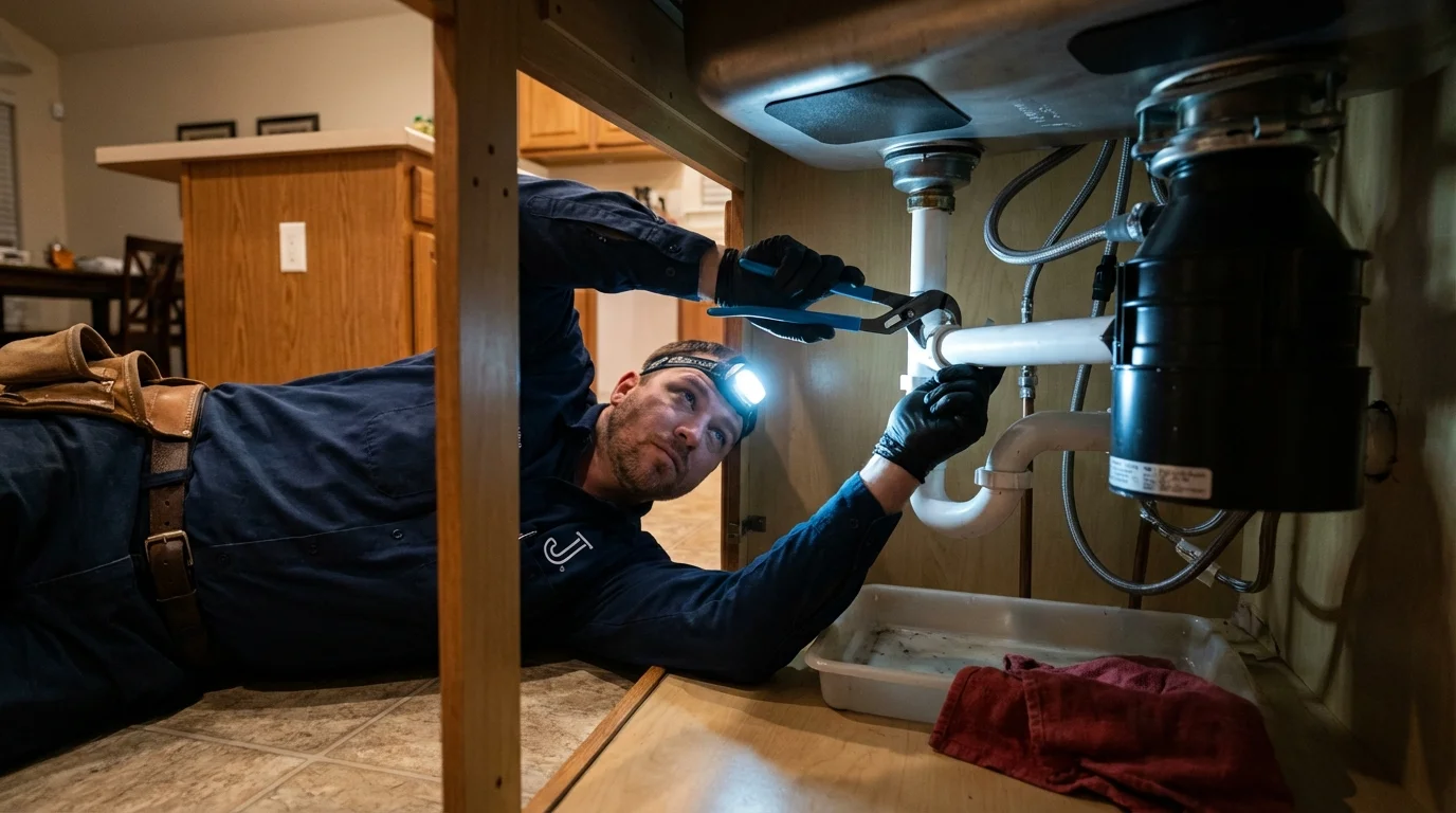 P-trap and supply line connections under a kitchen sink showing a common leak point in Yucca Valley, CA